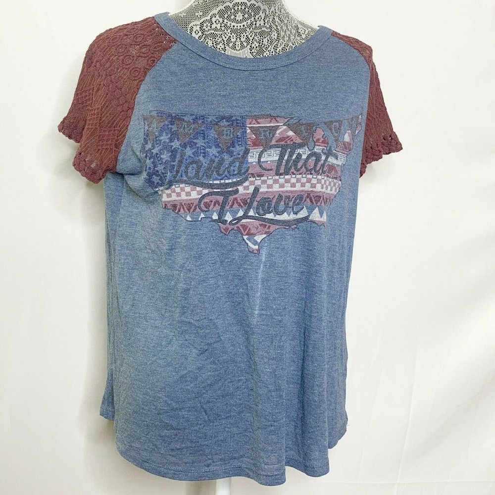 South Main Shirt Women L Blue Red Sleeve "Land Tha